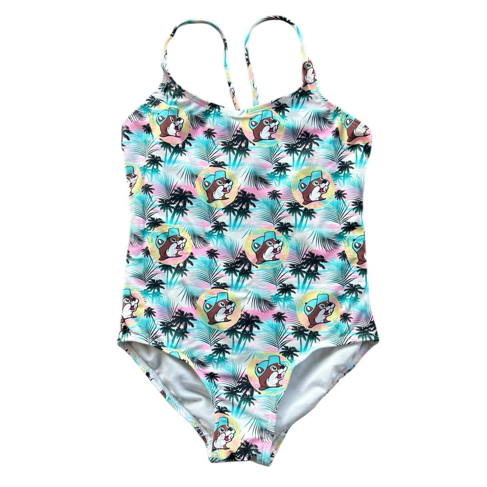 Buc-ees Girls One Piece Swimsuit Tropical Palm Neon Beaver Girls Youth Large